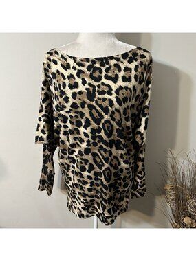 White Birch Leopard Animal Print Dolman 3/4 Sleeve Top Brown Tan Polyester S USA